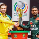 ট্রফি উন্মোচন অনুষ্ঠানে বাংলাদেশ ও অস্ট্রেলিয়ার অধিনায়ক। ছবি : বিসিবি