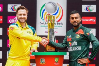 ট্রফি উন্মোচন অনুষ্ঠানে বাংলাদেশ ও অস্ট্রেলিয়ার অধিনায়ক। ছবি : বিসিবি