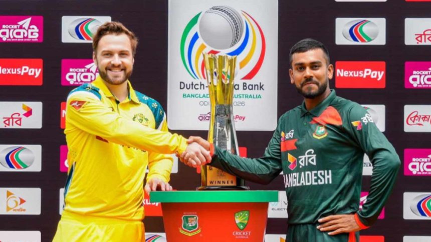 ট্রফি উন্মোচন অনুষ্ঠানে বাংলাদেশ ও অস্ট্রেলিয়ার অধিনায়ক। ছবি : বিসিবি
